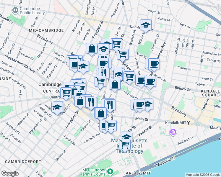 map of restaurants, bars, coffee shops, grocery stores, and more near 151R Cherry Street in Cambridge