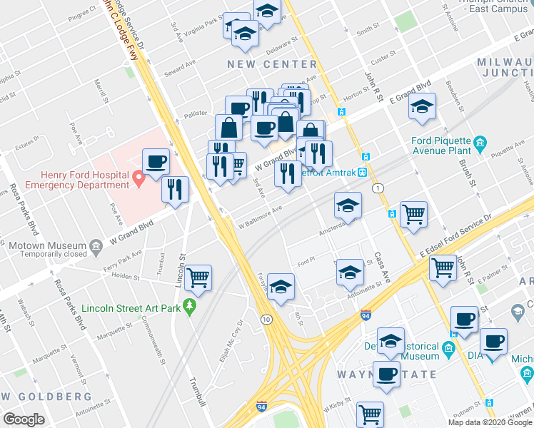 map of restaurants, bars, coffee shops, grocery stores, and more near 822 W Baltimore Ave in Detroit