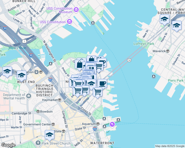 map of restaurants, bars, coffee shops, grocery stores, and more near 445 Hanover Street in Boston