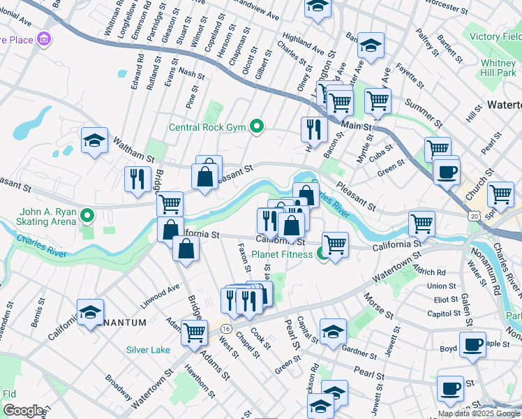 map of restaurants, bars, coffee shops, grocery stores, and more near 28 Rustic Street in Newton