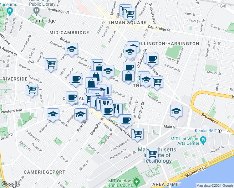 map of restaurants, bars, coffee shops, grocery stores, and more near 20 Suffolk Street in Cambridge