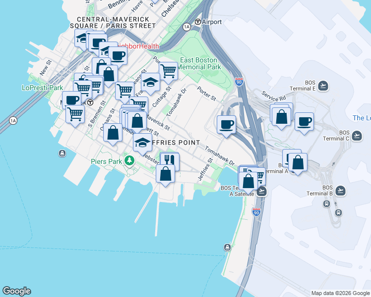 map of restaurants, bars, coffee shops, grocery stores, and more near 210 Everett Street in Boston