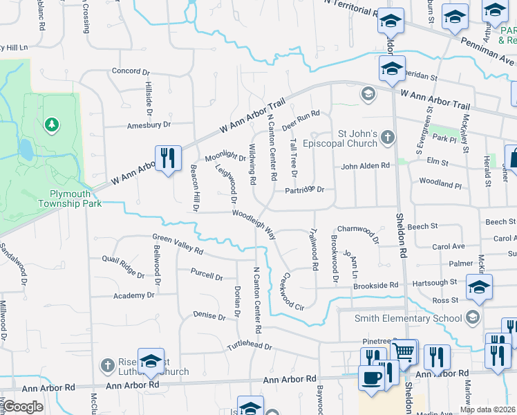 map of restaurants, bars, coffee shops, grocery stores, and more near 11709 Wildwing Road in Plymouth