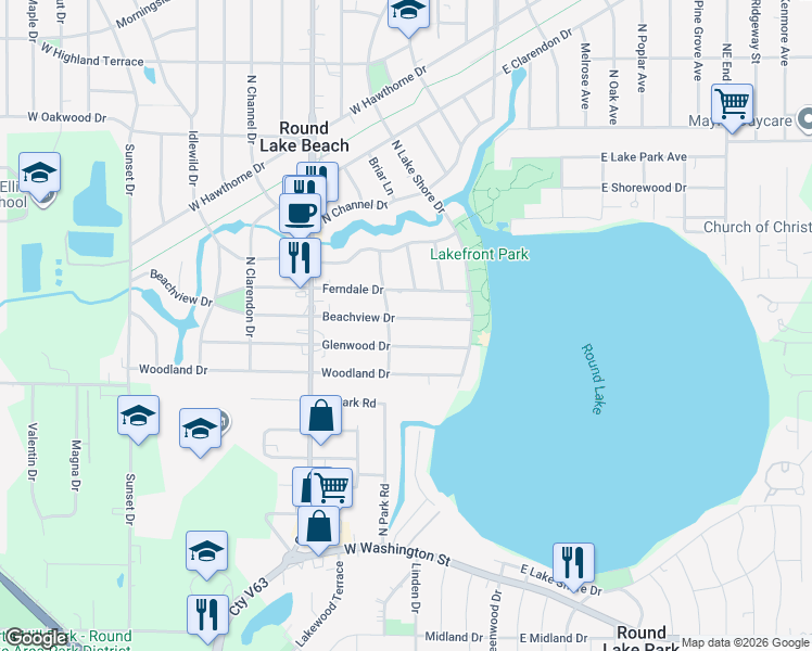 map of restaurants, bars, coffee shops, grocery stores, and more near 115 Beachview Drive in Round Lake Beach