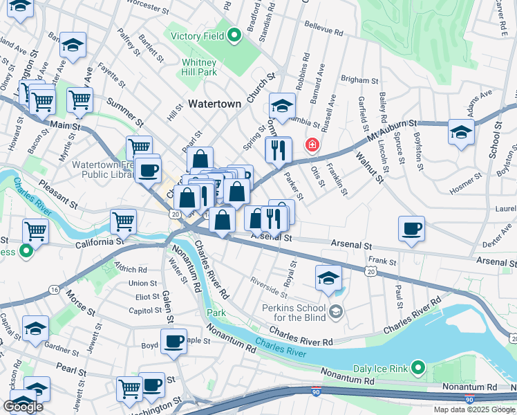 map of restaurants, bars, coffee shops, grocery stores, and more near 11 Fletcher Terrace in Watertown