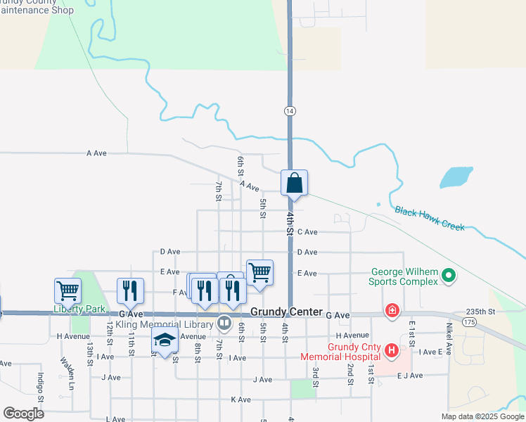map of restaurants, bars, coffee shops, grocery stores, and more near 500 B Avenue in Grundy Center