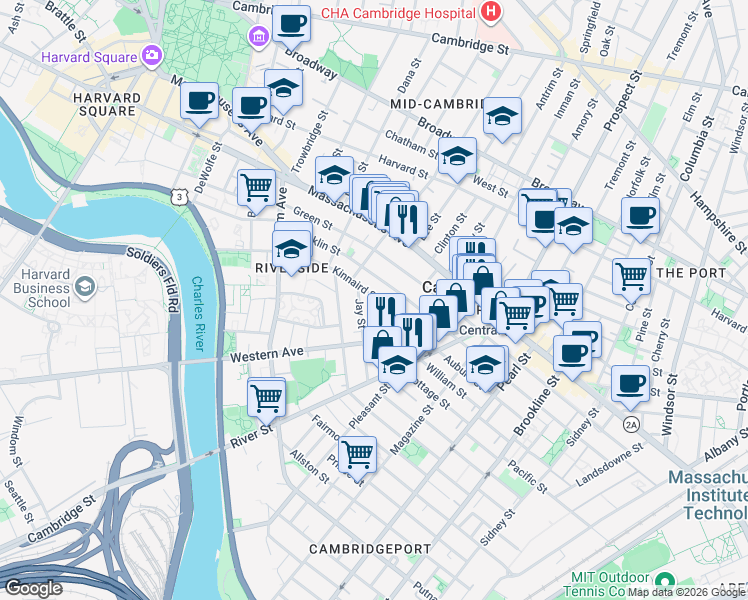 map of restaurants, bars, coffee shops, grocery stores, and more near 49 Kinnaird Street in Cambridge