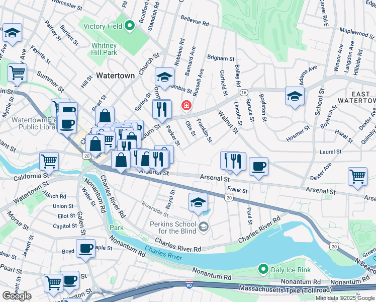 map of restaurants, bars, coffee shops, grocery stores, and more near 44 Washburn Street in Watertown