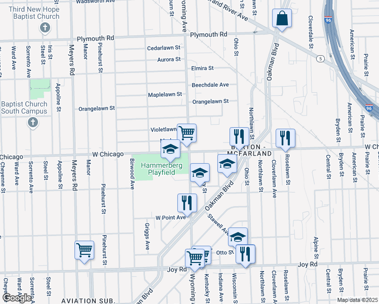 map of restaurants, bars, coffee shops, grocery stores, and more near W Chicago St & Wyoming St in Detroit