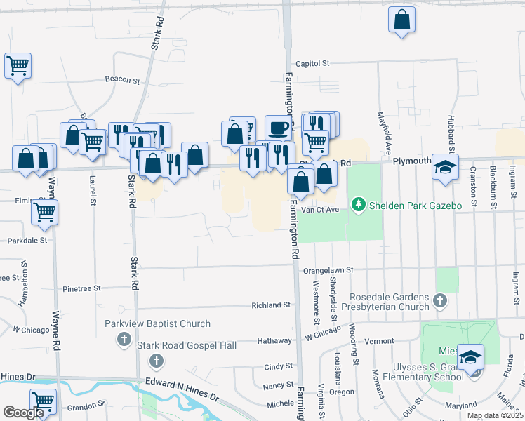 map of restaurants, bars, coffee shops, grocery stores, and more near 11525 Farmington Road in Livonia