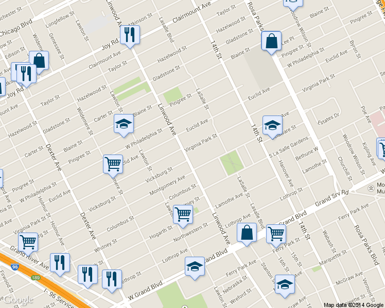 map of restaurants, bars, coffee shops, grocery stores, and more near 2545 Virginia Park Street in Detroit