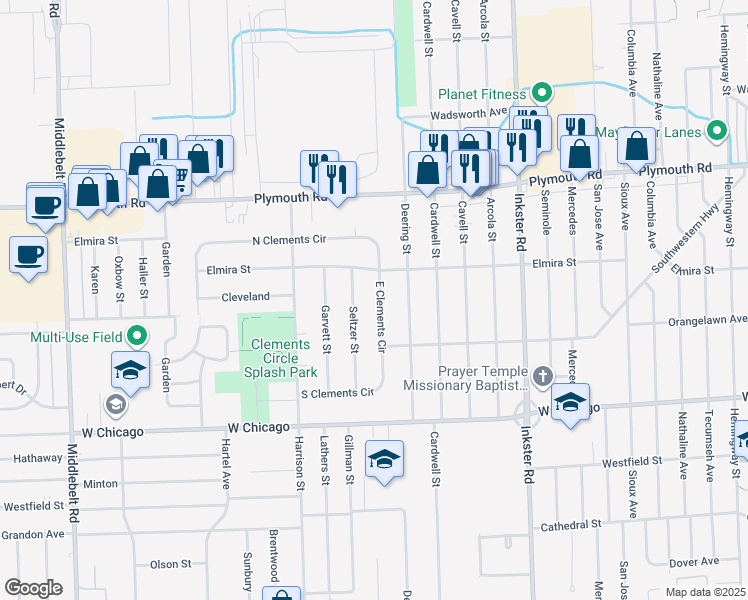 map of restaurants, bars, coffee shops, grocery stores, and more near 10011 East Clements Circle in Livonia