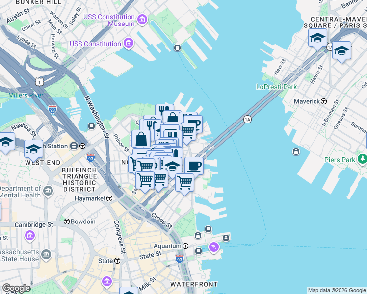 map of restaurants, bars, coffee shops, grocery stores, and more near 376 Commercial Street in Boston