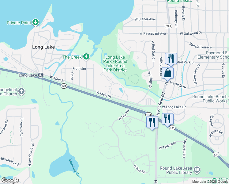 map of restaurants, bars, coffee shops, grocery stores, and more near 1414 West Clear Water Circle in Round Lake Beach