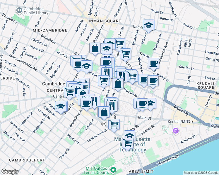 map of restaurants, bars, coffee shops, grocery stores, and more near 124 Pine Street in Cambridge