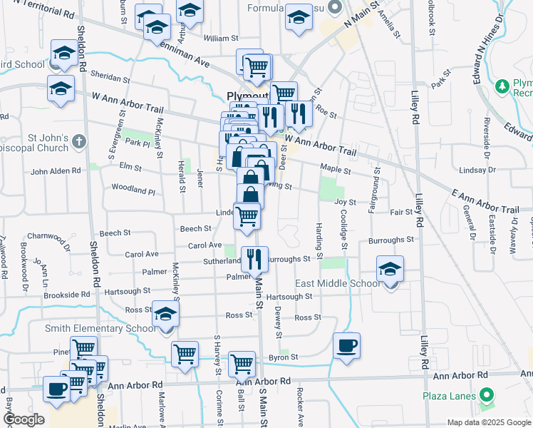 map of restaurants, bars, coffee shops, grocery stores, and more near 705 South Main Street in Plymouth