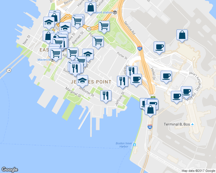 map of restaurants, bars, coffee shops, grocery stores, and more near 210 Everett Street in Boston