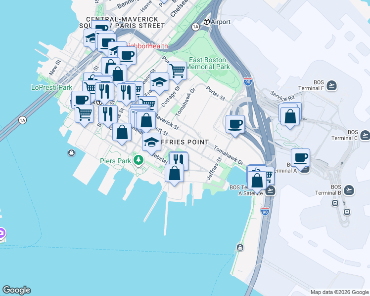 map of restaurants, bars, coffee shops, grocery stores, and more near 430 Sumner Street in Boston