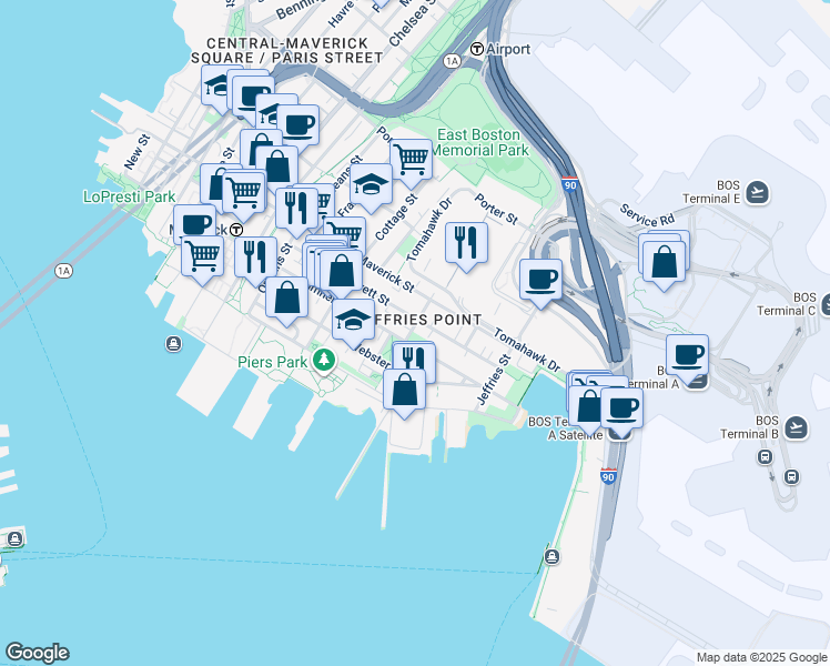 map of restaurants, bars, coffee shops, grocery stores, and more near 430 Sumner Street in Boston