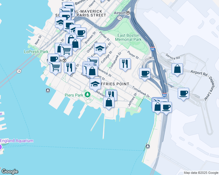 map of restaurants, bars, coffee shops, grocery stores, and more near 430 Sumner Street in Boston