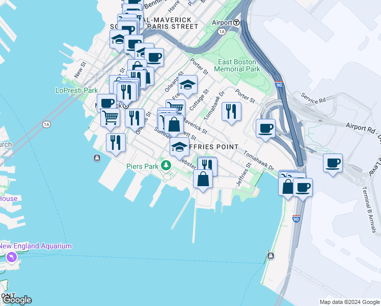 map of restaurants, bars, coffee shops, grocery stores, and more near in Boston