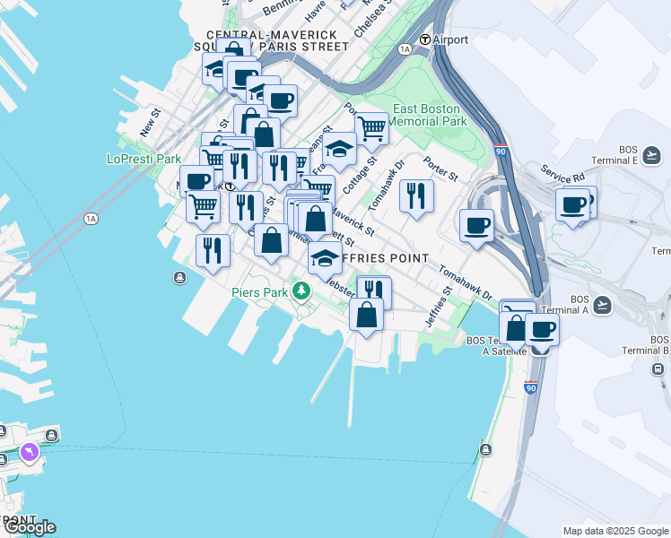 map of restaurants, bars, coffee shops, grocery stores, and more near in Boston