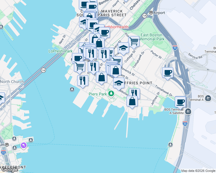 map of restaurants, bars, coffee shops, grocery stores, and more near 110A Marginal Street in Boston