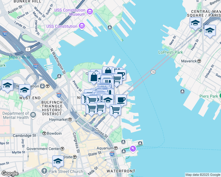 map of restaurants, bars, coffee shops, grocery stores, and more near 7 Powers Court in Boston