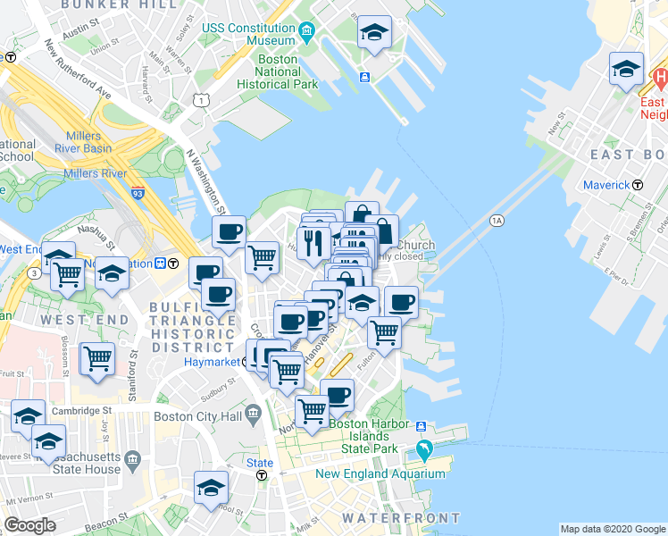map of restaurants, bars, coffee shops, grocery stores, and more near 4 Charter Street in Boston