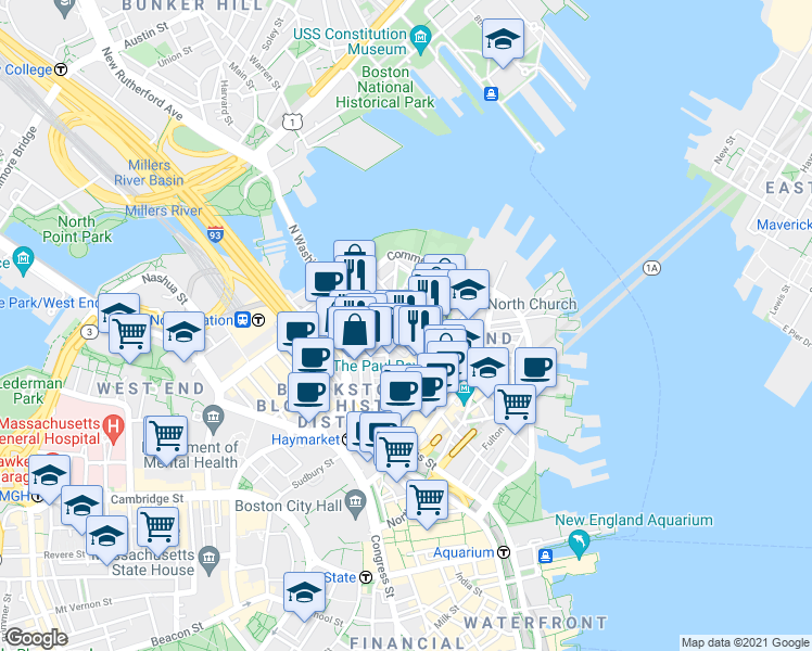 map of restaurants, bars, coffee shops, grocery stores, and more near 3 Snow Hill Street in Boston