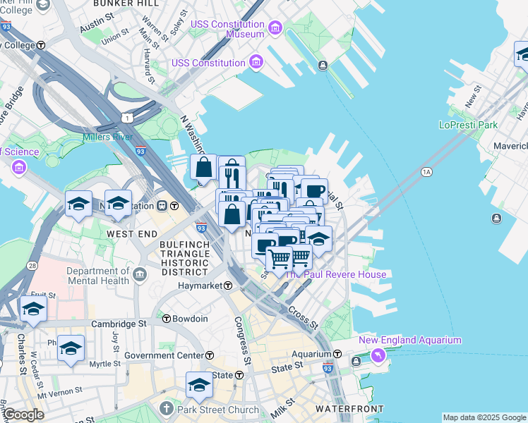 map of restaurants, bars, coffee shops, grocery stores, and more near 3 Snow Hill Street in Boston