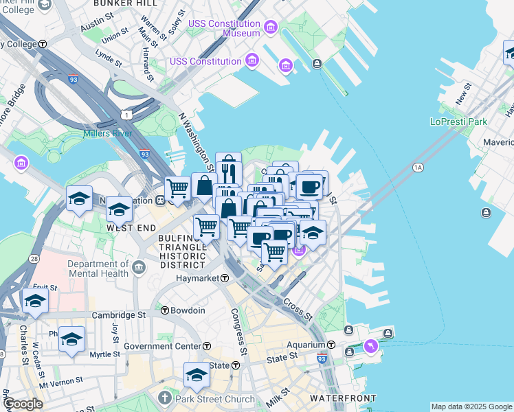 map of restaurants, bars, coffee shops, grocery stores, and more near 3 Snow Hill Street in Boston