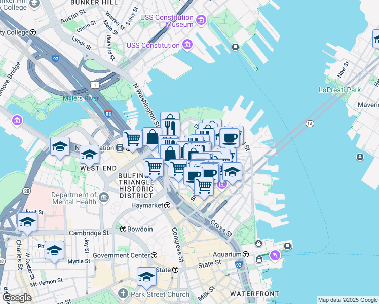 map of restaurants, bars, coffee shops, grocery stores, and more near 3 Snow Hill Street in Boston