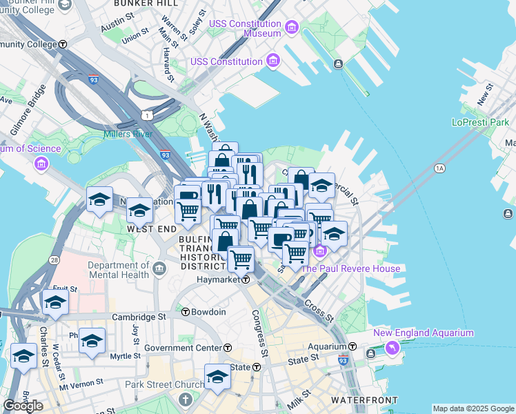 map of restaurants, bars, coffee shops, grocery stores, and more near 7 Endicott Court in Boston