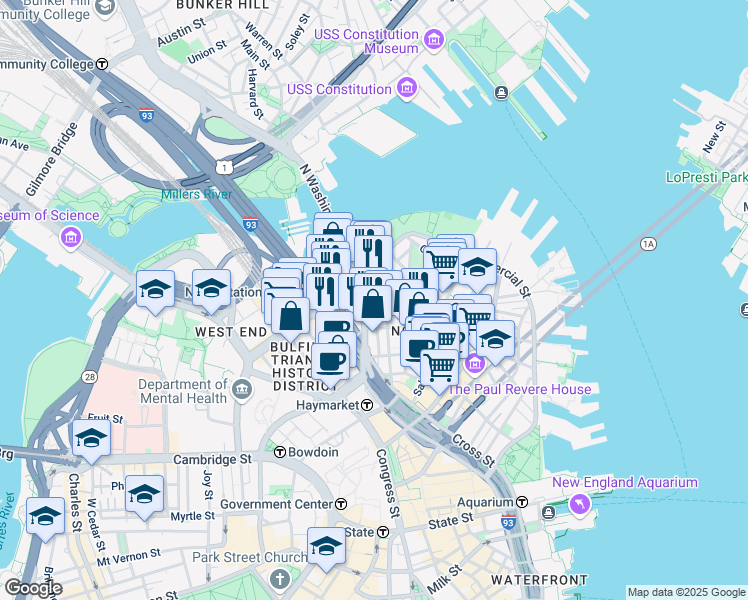 map of restaurants, bars, coffee shops, grocery stores, and more near 7 Endicott Court in Boston