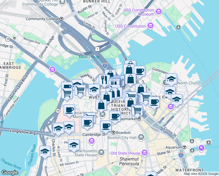 map of restaurants, bars, coffee shops, grocery stores, and more near 135 Causeway Street in Boston
