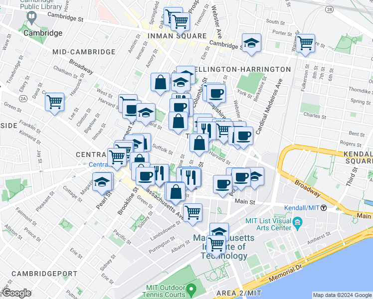 map of restaurants, bars, coffee shops, grocery stores, and more near 151R Cherry Street in Cambridge