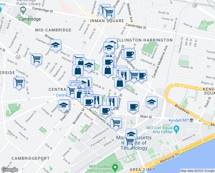 map of restaurants, bars, coffee shops, grocery stores, and more near in Cambridge