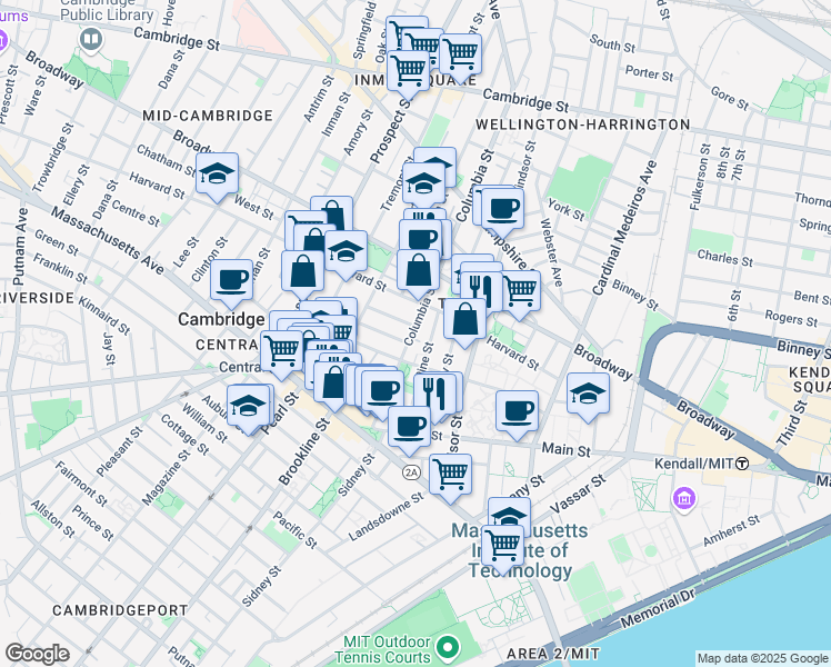 map of restaurants, bars, coffee shops, grocery stores, and more near in Cambridge
