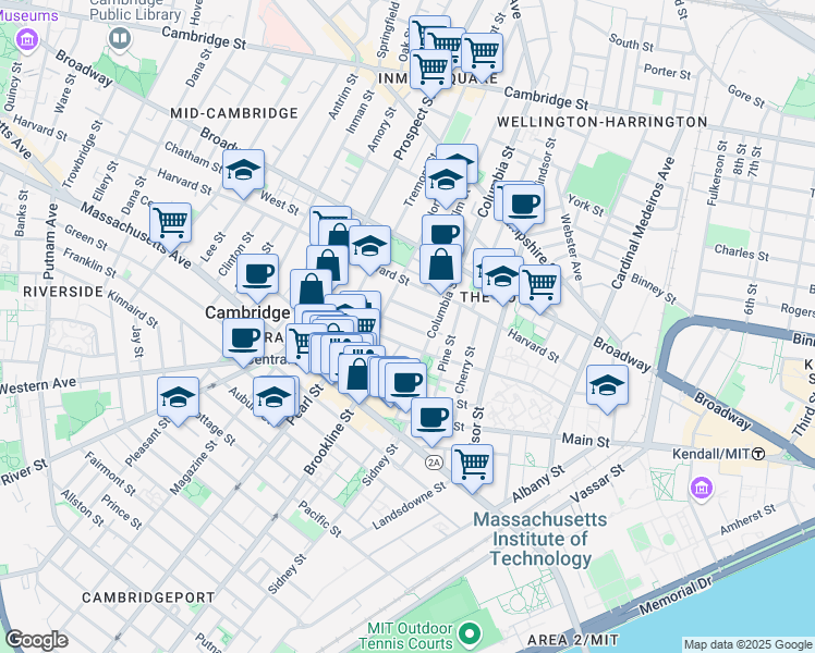 map of restaurants, bars, coffee shops, grocery stores, and more near 385 Washington Street in Cambridge