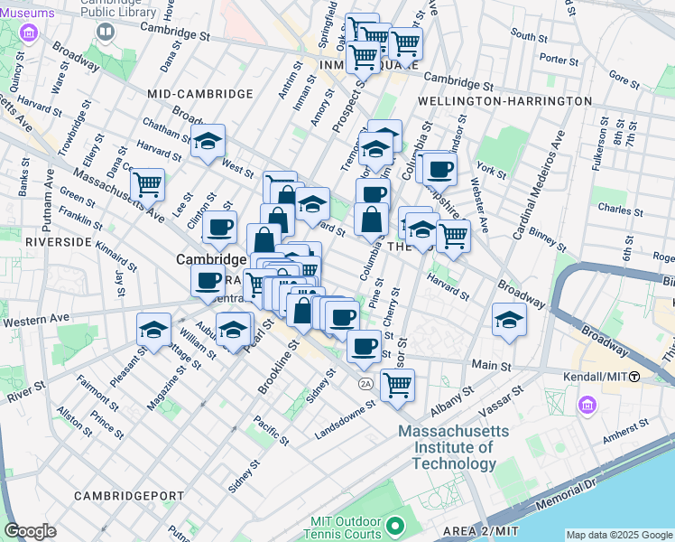map of restaurants, bars, coffee shops, grocery stores, and more near 385 Washington Street in Cambridge