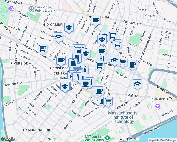 map of restaurants, bars, coffee shops, grocery stores, and more near 385 Washington Street in Cambridge