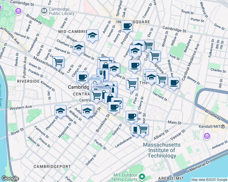 map of restaurants, bars, coffee shops, grocery stores, and more near 5 Ashburton Place in Cambridge