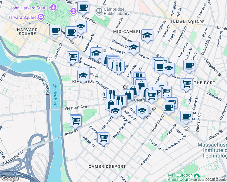 map of restaurants, bars, coffee shops, grocery stores, and more near in Cambridge