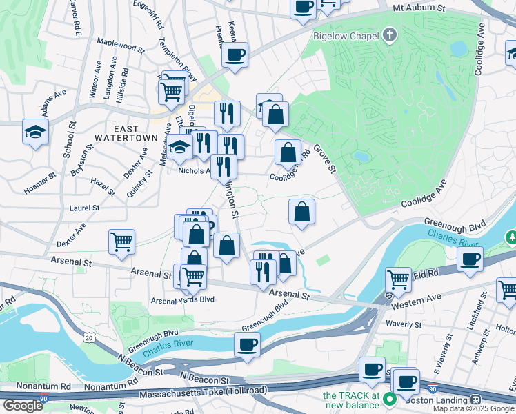 map of restaurants, bars, coffee shops, grocery stores, and more near 26 Berkeley Street in Watertown
