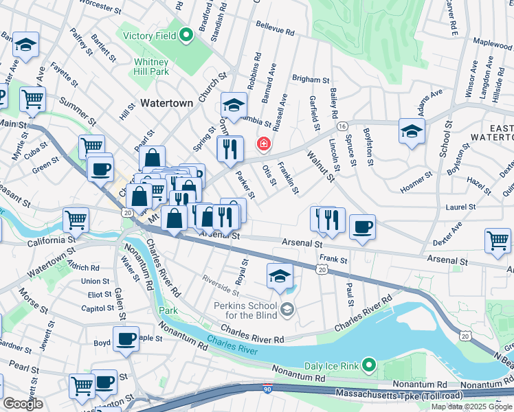 map of restaurants, bars, coffee shops, grocery stores, and more near 44 Washburn Street in Watertown