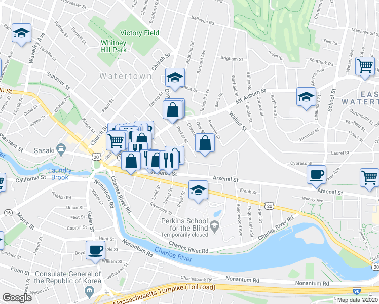 map of restaurants, bars, coffee shops, grocery stores, and more near 55 Phillips Street in Watertown