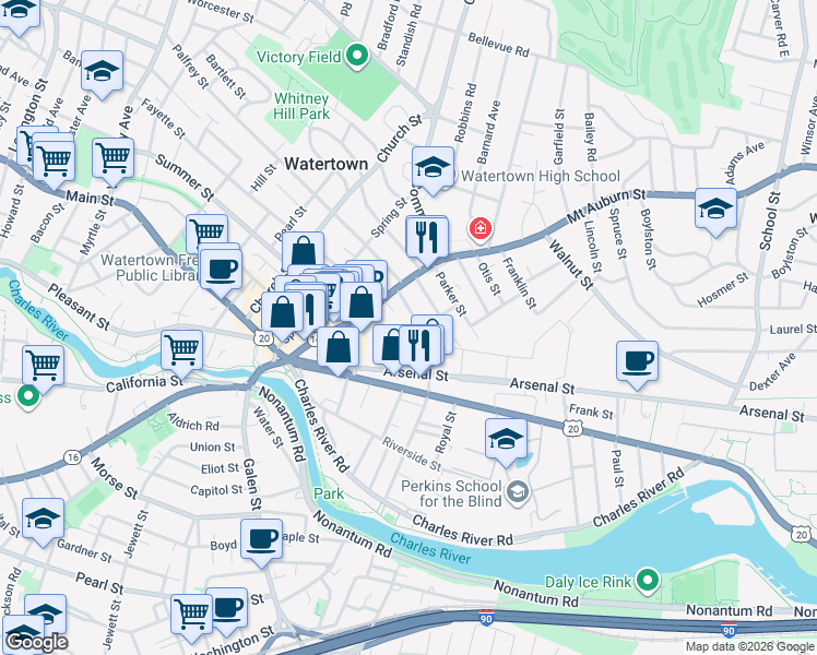 map of restaurants, bars, coffee shops, grocery stores, and more near 39 Irving Street in Watertown
