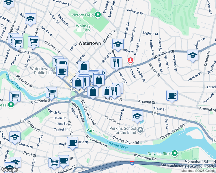 map of restaurants, bars, coffee shops, grocery stores, and more near 39 Irving Street in Watertown