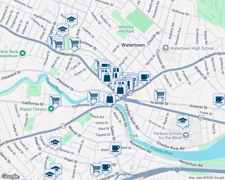 map of restaurants, bars, coffee shops, grocery stores, and more near 39 U.S. 20 in Watertown